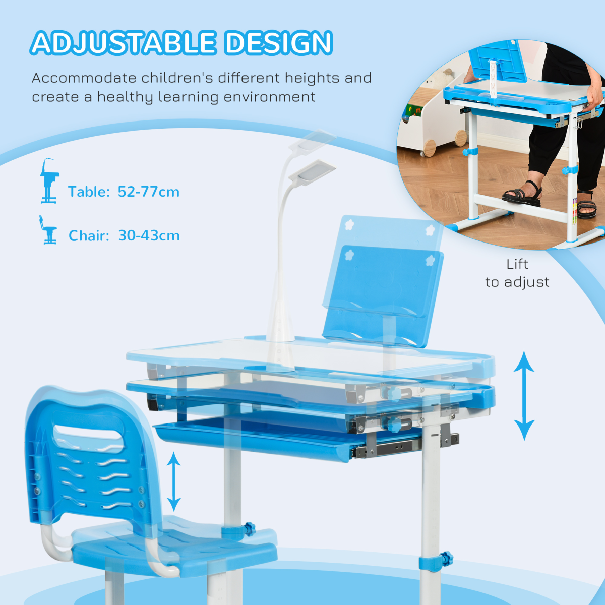 HOMCOM Kids Adjustable Study Desk and Chair Set with USB Lamp, Blue