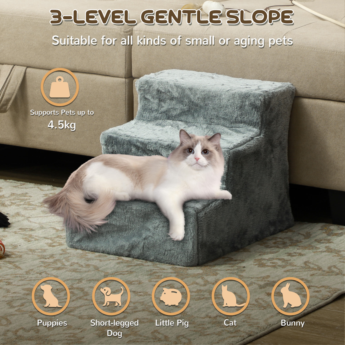 PawHut 4-Step Portable Dog Stairs with Washable Plush Cover