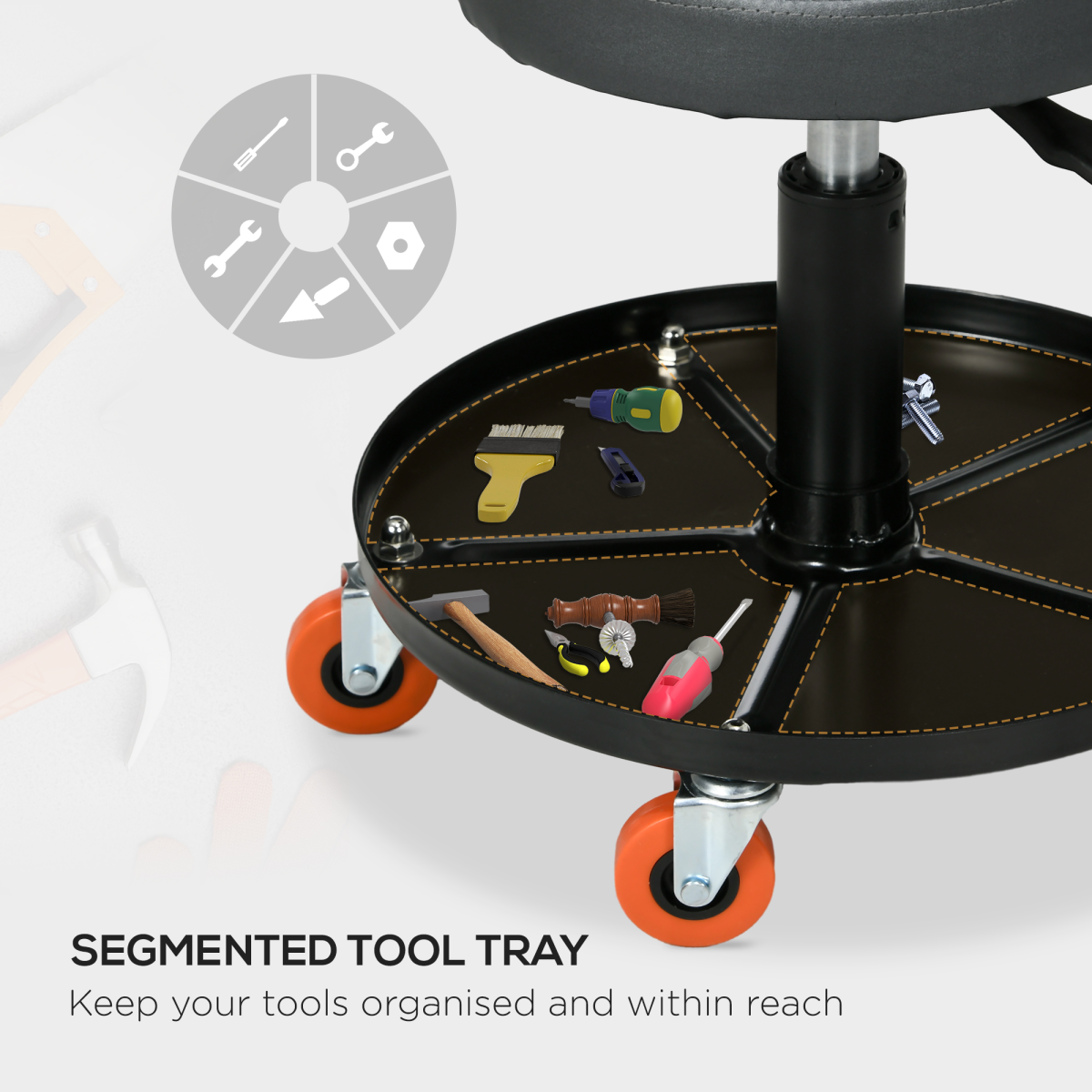HOMCOM Adjustable Mechanic Stool with Tool Tray, Wheels, Black