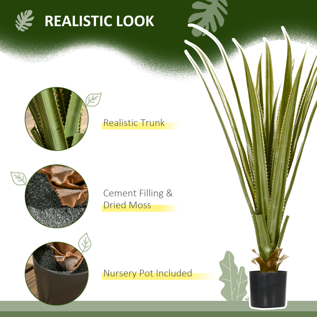 HOMCOM 90cm Potted Artificial Agave Plant with Pot, Realistic Indoor and Outdoor Faux Succulent