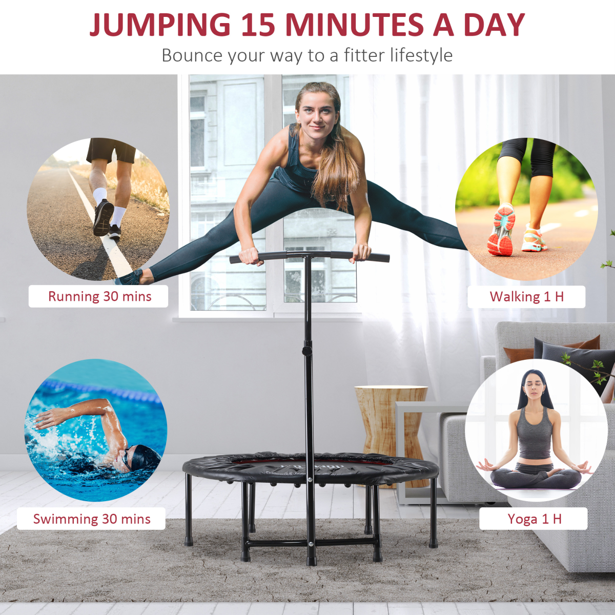 40 Inch Kids Mini Trampoline, Adult Rebounder Jumper with Adjustable Handle, Indoor Outdoor Fitness Trampoline, 100kg Capacity