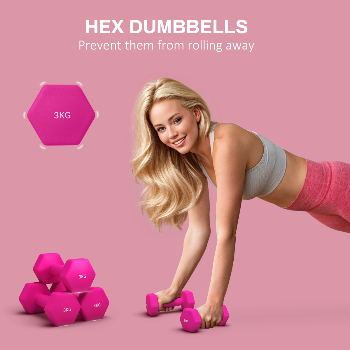 SPORTNOW 2-Piece Pink 3kg Hex Dumbbell Set with Non-Slip Grip