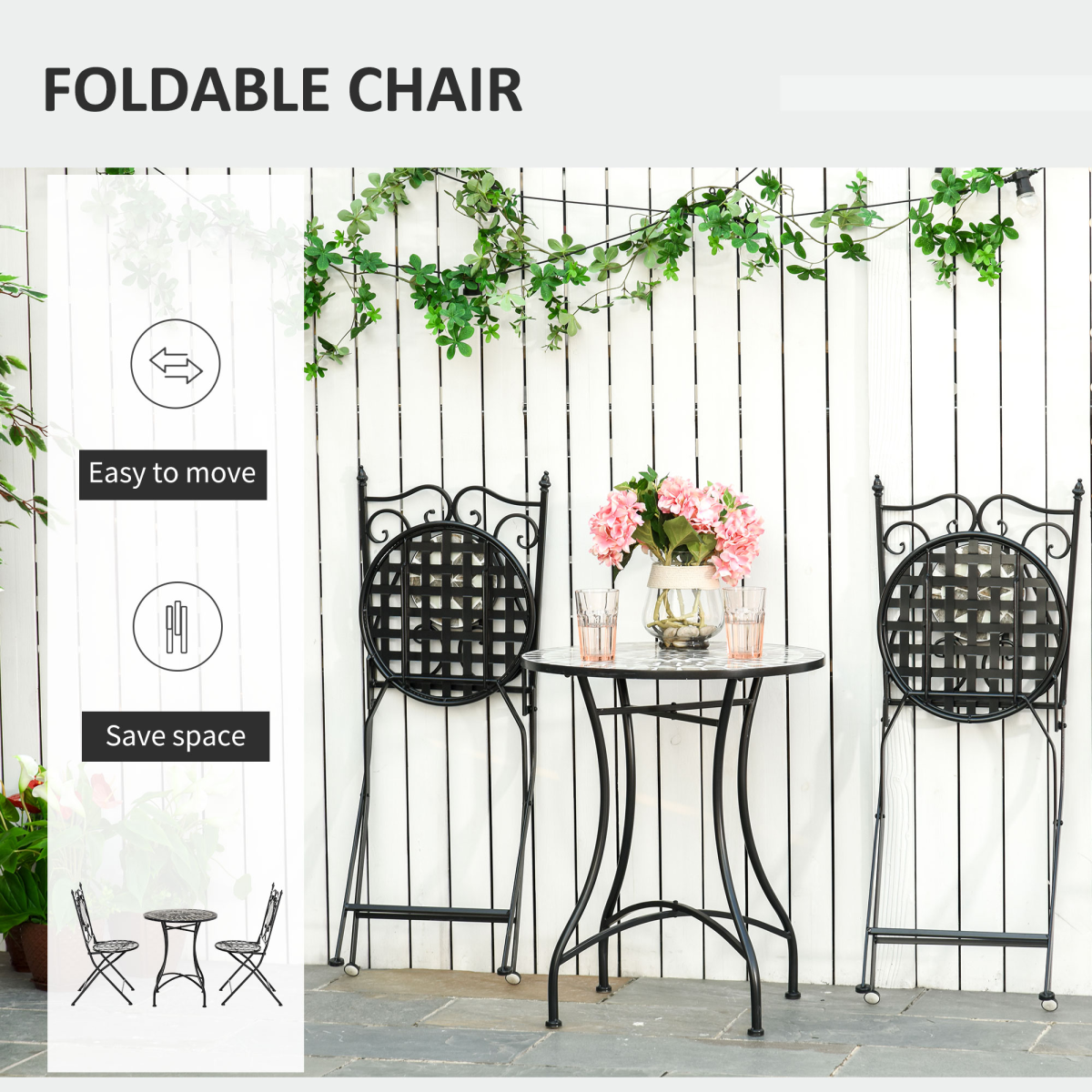 Outsunny 3-Piece Mosaic Tile Garden Bistro Set with Folding Chairs