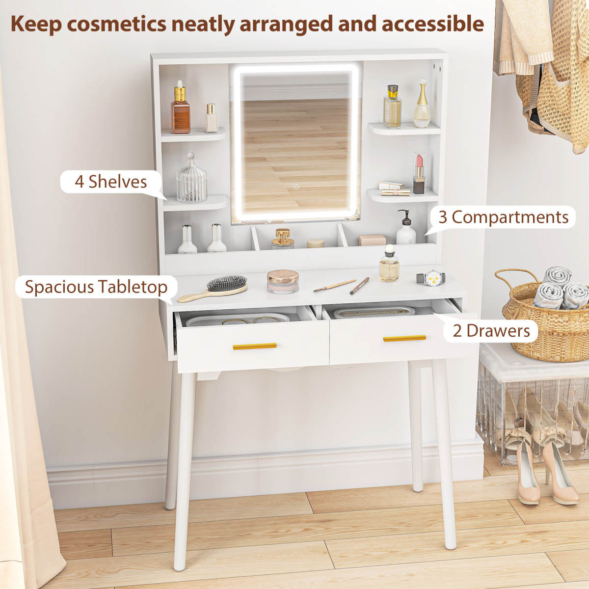 HOMCOM White Dressing Table with LED Mirror, Stool & Storage