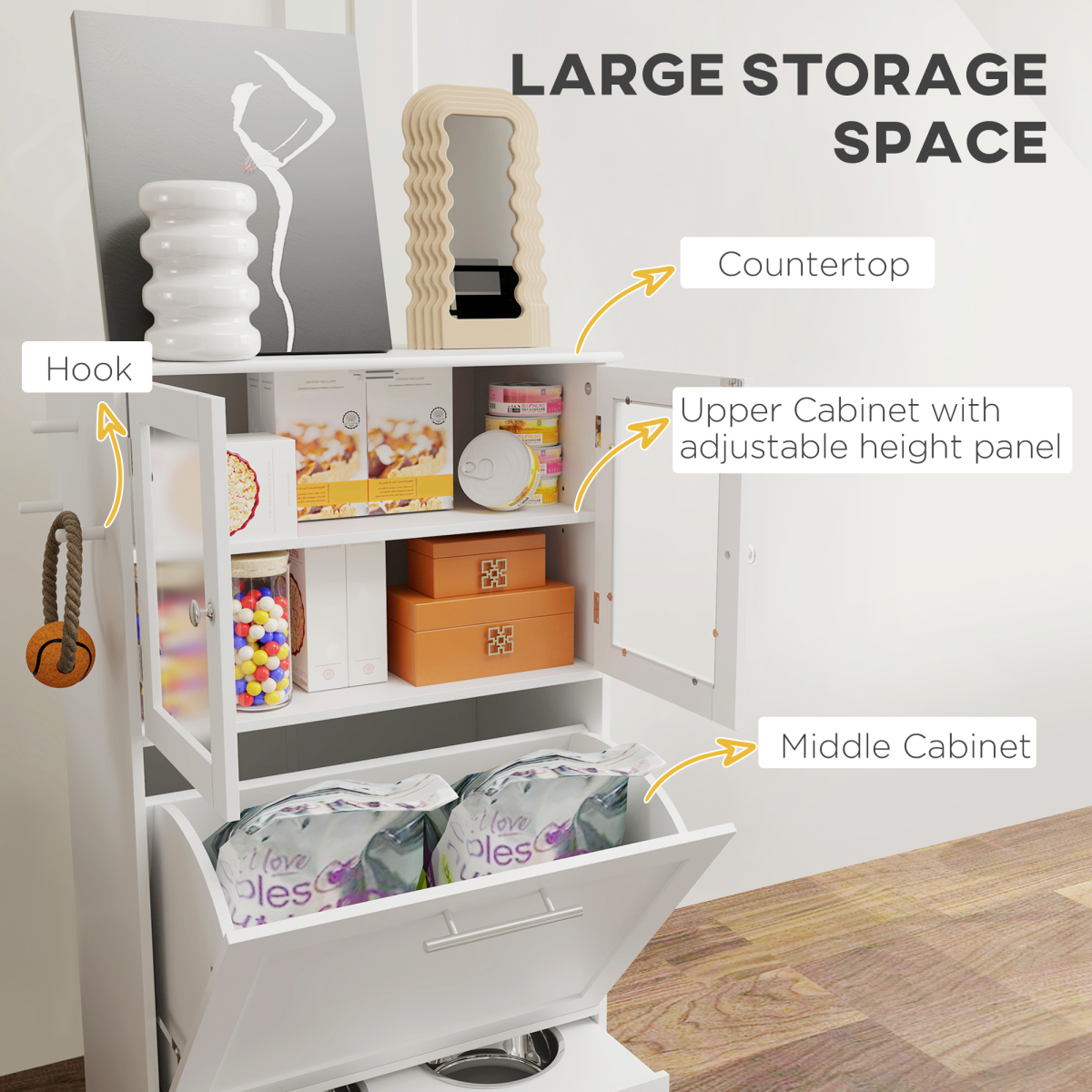 PawHut Dog Feeding Station with 2 Cabinets and 2 Elevated Bowls, White