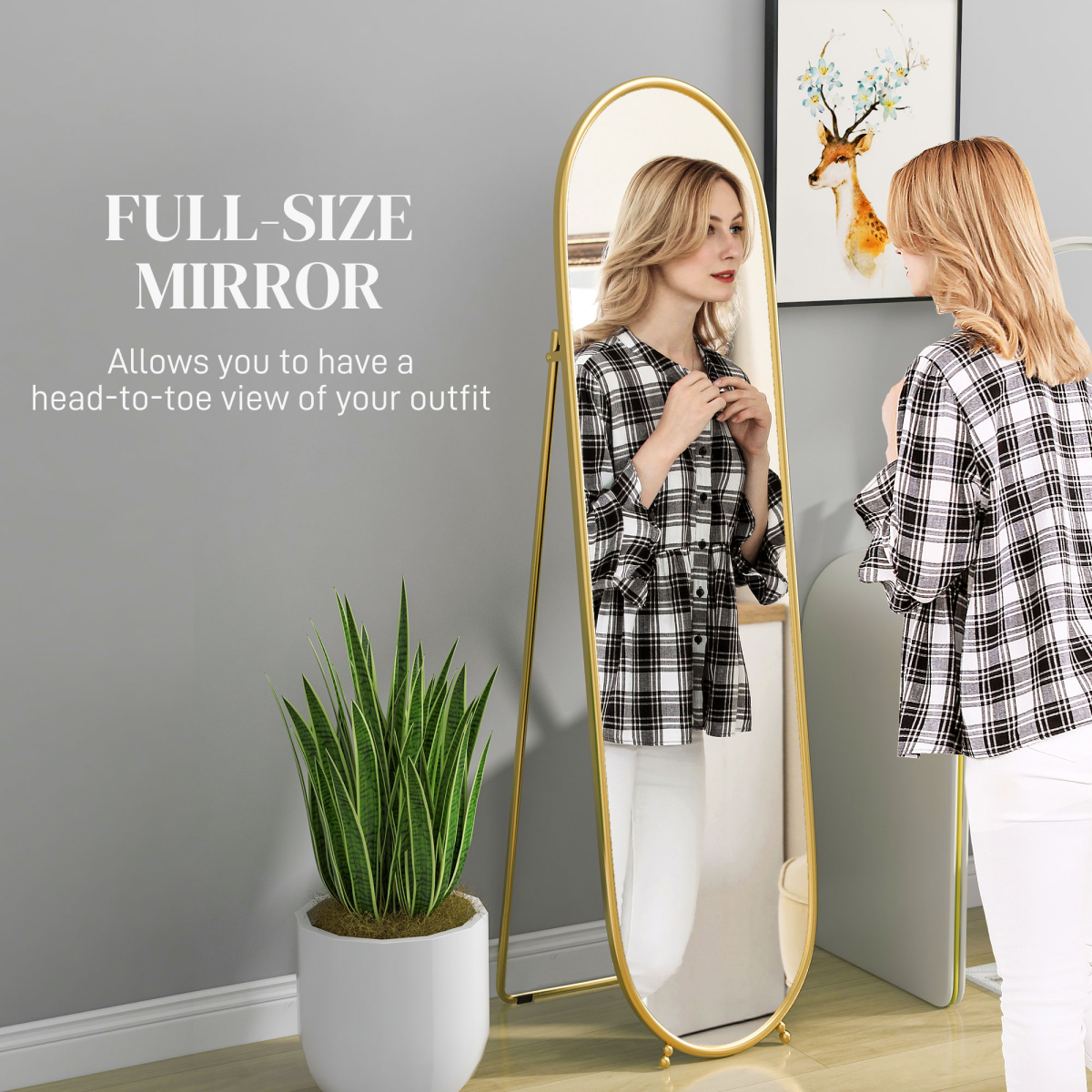 HOMCOM Oval Full Length Mirror with Metal Frame, Gold Tone