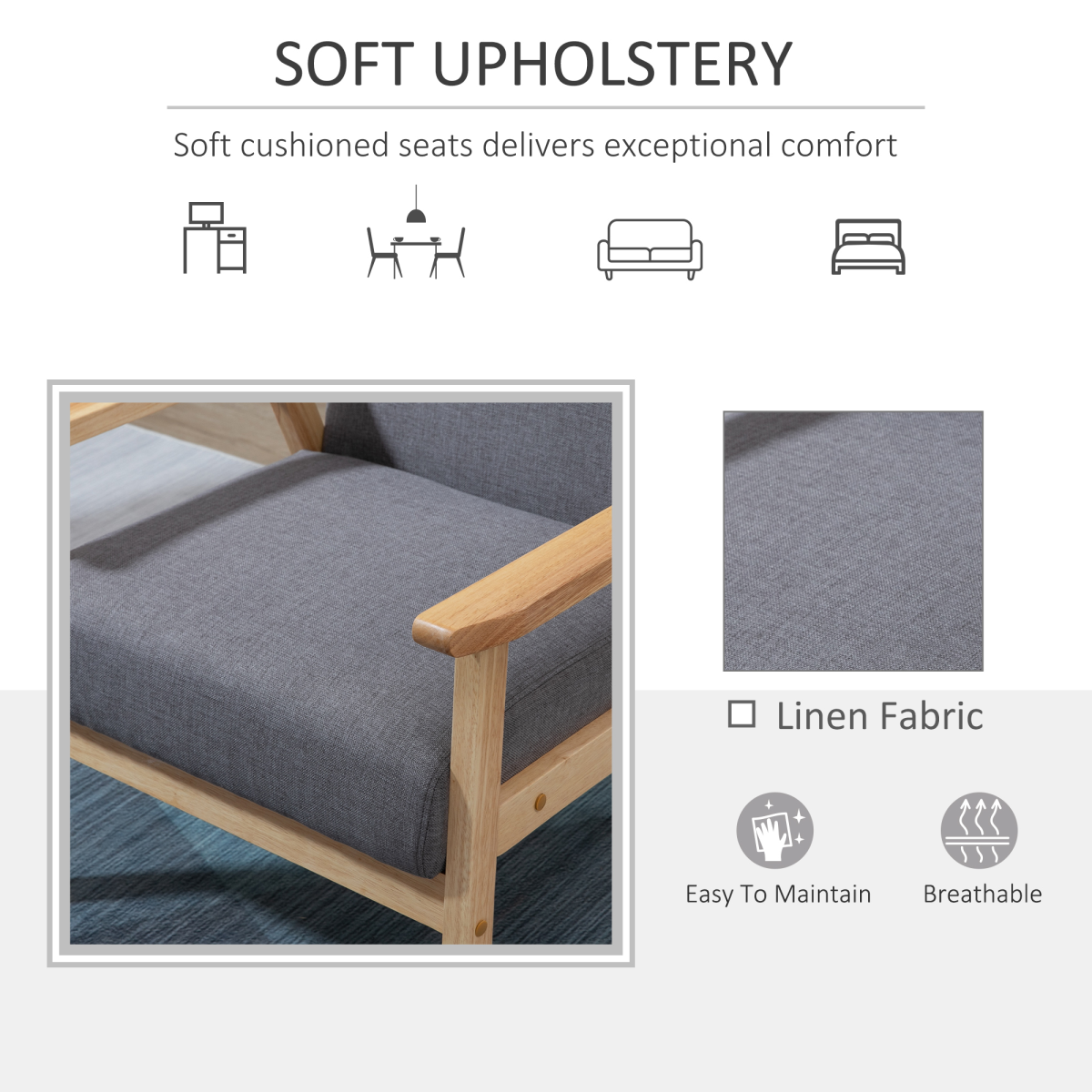 HOMCOM Linen Upholstered Pine Wood Accent Armchair, Grey/Oak