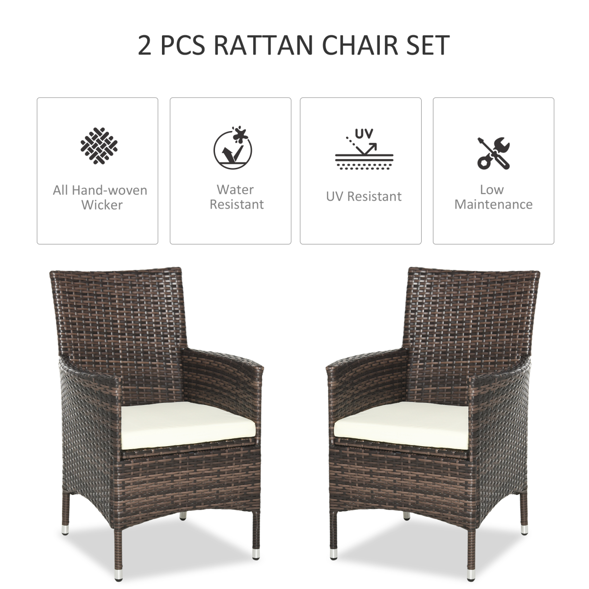 Outsunny 2-Seater Outdoor Rattan Armchair with Armrests and Cushions, Mixed Brown