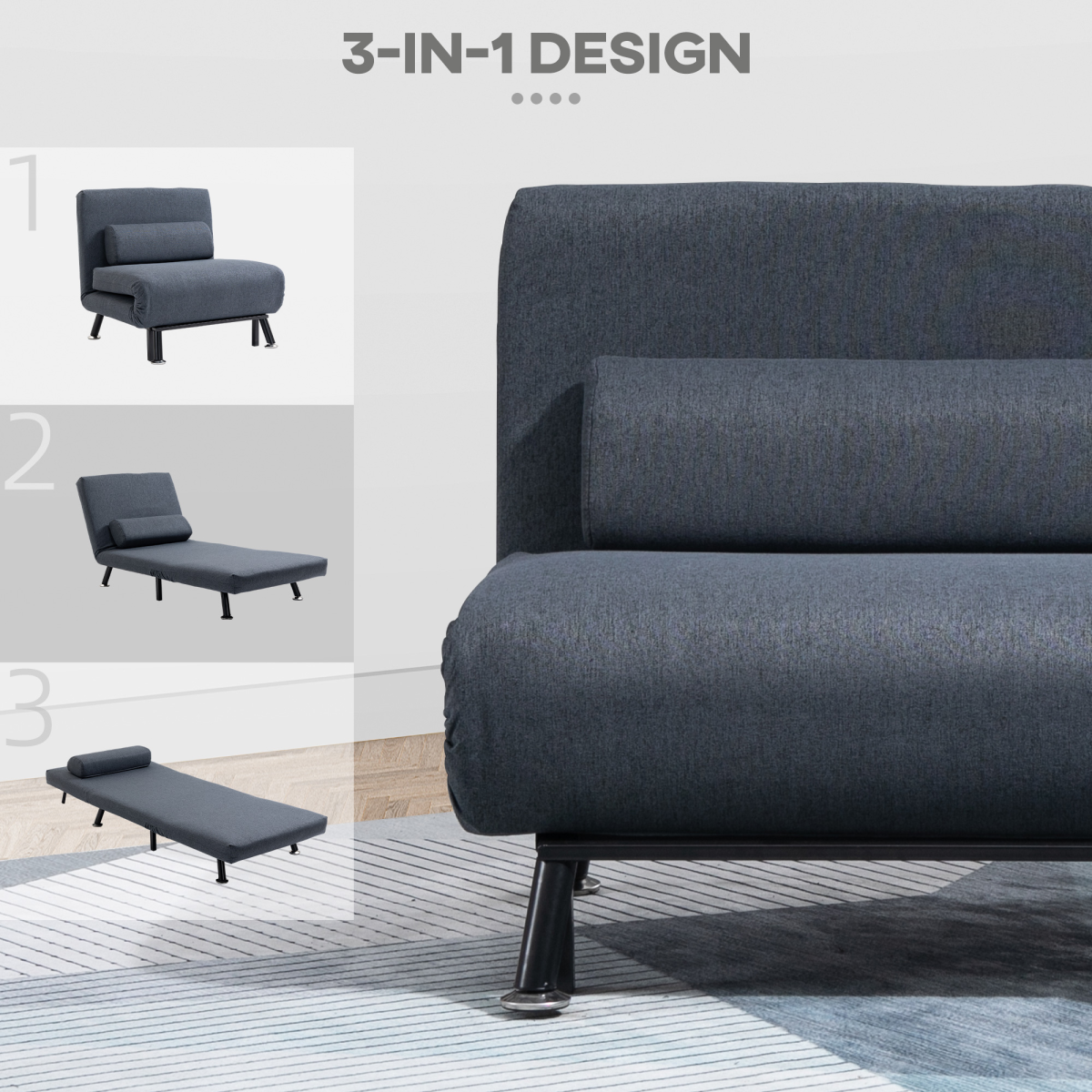 HOMCOM Black Faux Suede 5-Position Armless Futon Single Sofa Bed with Pillow