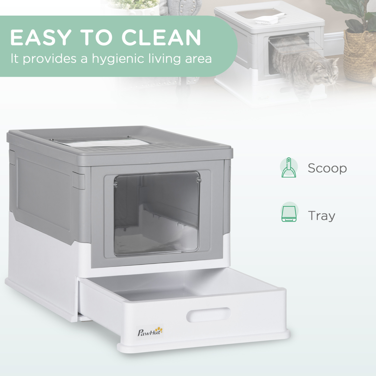 Hooded Cat Litter Box with Scoop and Tray, Portable Pet Toilet, Grey