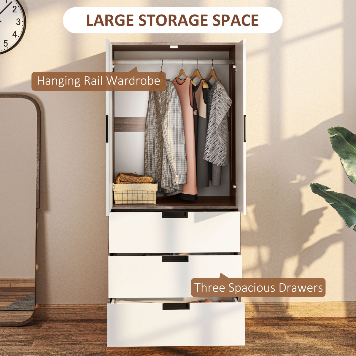HOMCOM 2-Door Brown Wardrobe with 3 Drawers and Hanging Rod