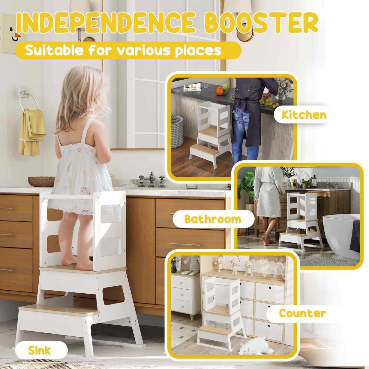 AIYAPLAY 2-in-1 Toddler Tower with Chalkboard & Safety Rail