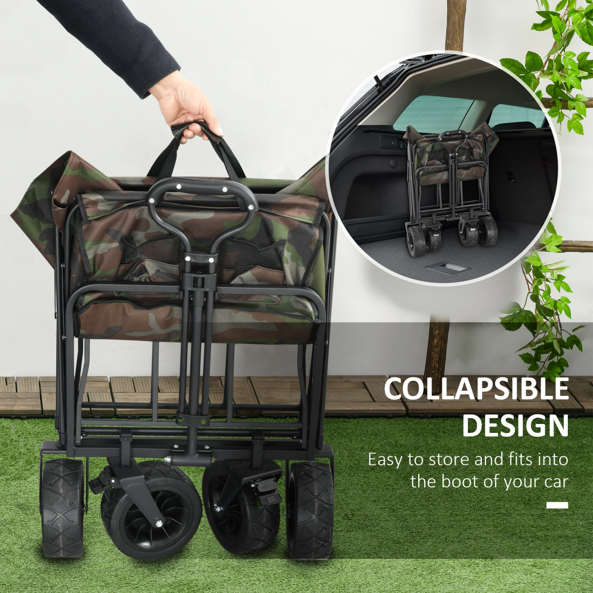 Outsunny Foldable Garden Cart Outdoor Utility Wagon with Carry Bag, 95L, Camouflage