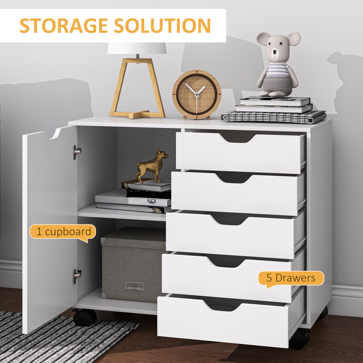HOMCOM Modern Mobile Office Storage Cabinet with 5 Drawers & Door, White