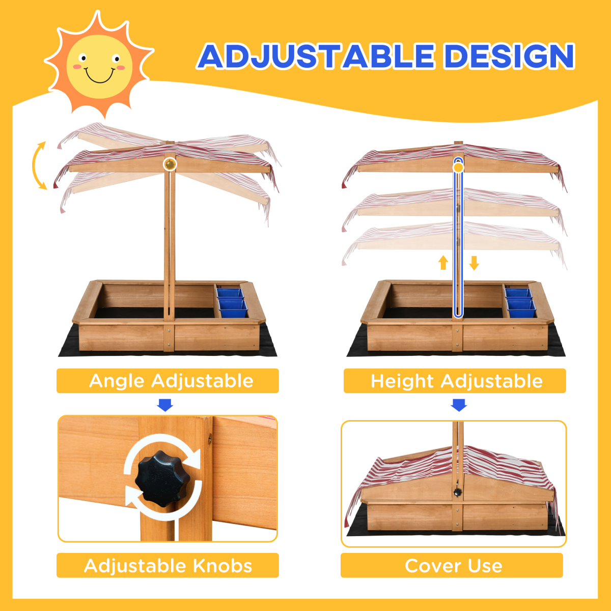 Kids Wooden Sandbox Sand Pit with Adjustable Canopy, Wooden Structure, Non-Woven Liner, Outsunny