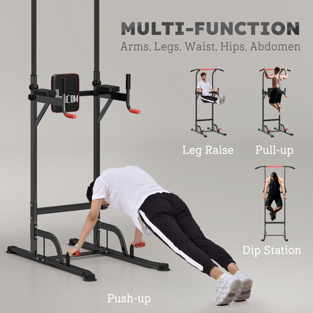 Adjustable Height Power Tower Pull Up Dip Station Multi Gym Home Workout Equipment with Suction Pads, Steel Frame, 120kg Max Load
