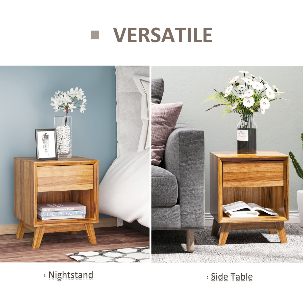 Bedside Table with Drawer and Shelf, Wood-Effect Side Table