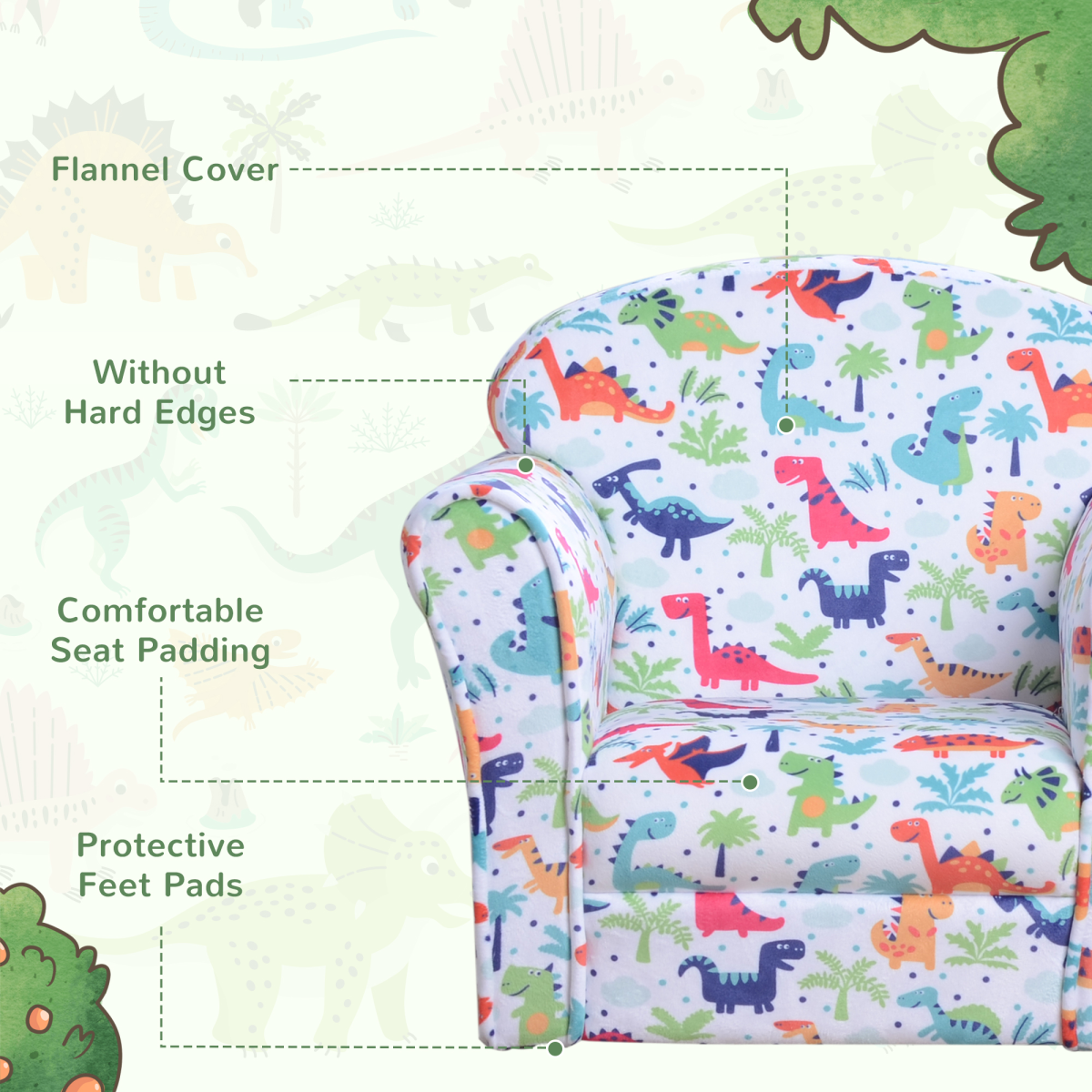 HOMCOM Kids Cartoon Dinosaur Mini Sofa Armchair, Flannel Wood