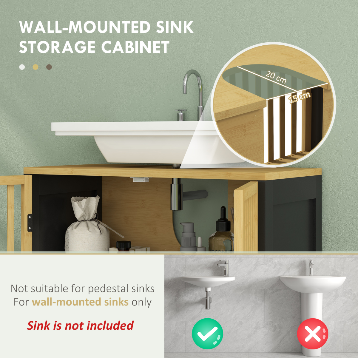 HOMCOM Bamboo Under Sink Bathroom Cabinet with Slat Doors