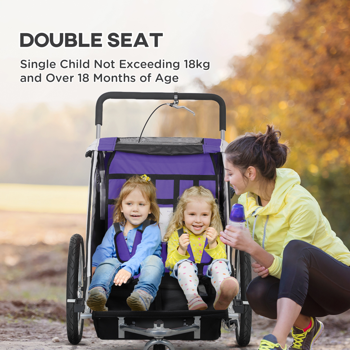 HOMCOM 2-Seat Child Bike Trailer with Safety Harness, Purple