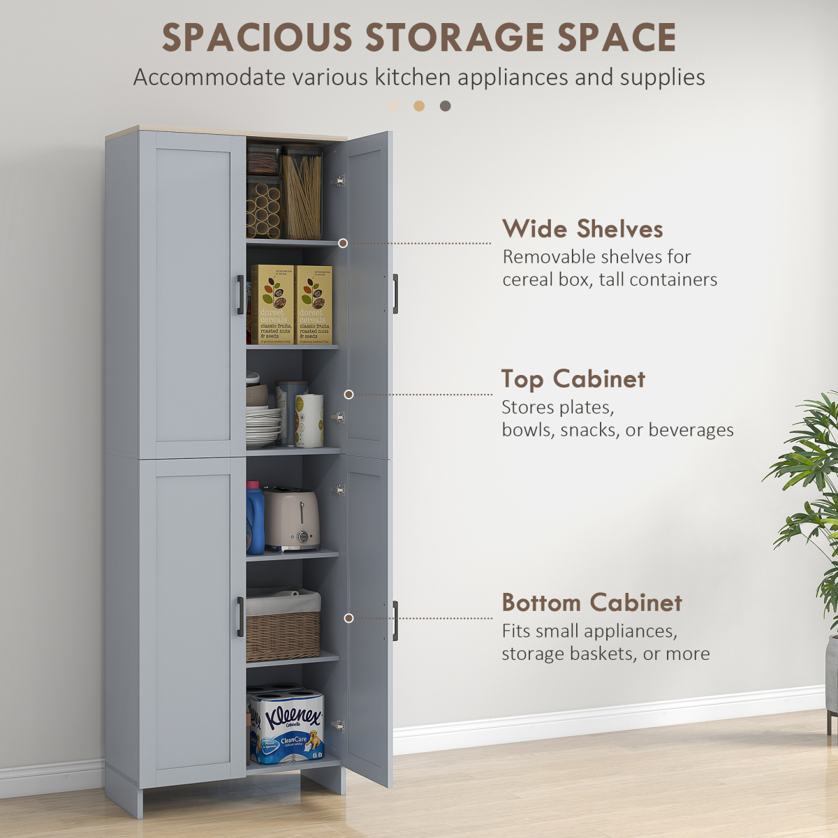 HOMCOM Grey Kitchen Storage Cabinet with 4 Doors and Adjustable Shelves