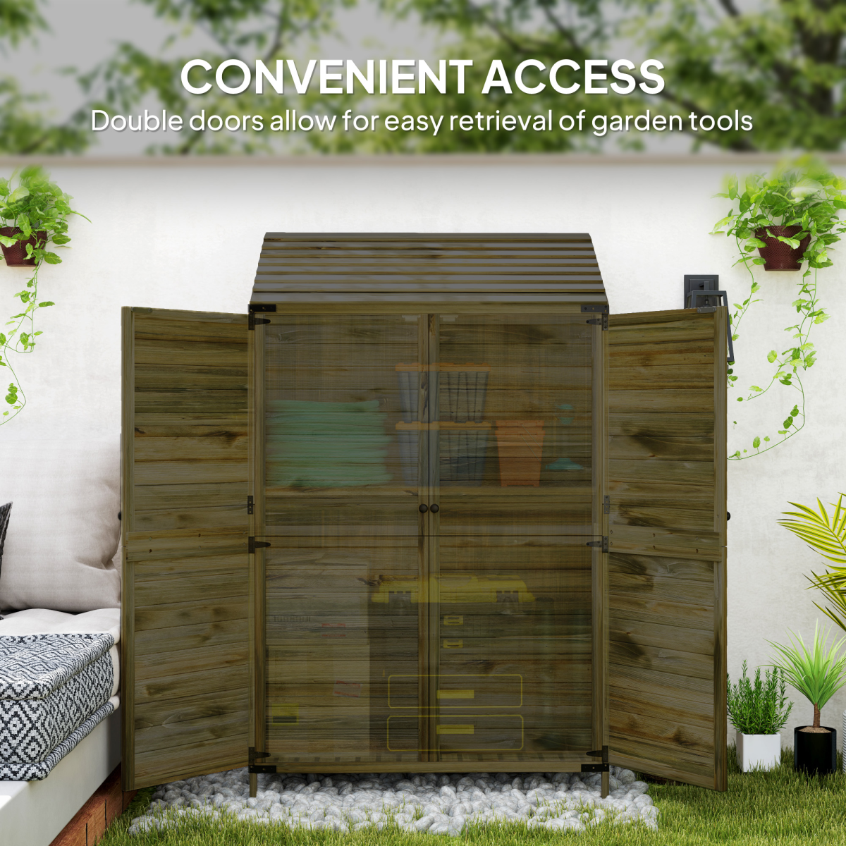 Outsunny Wooden Garden Storage Shed with Double Doors and Shelves, Green