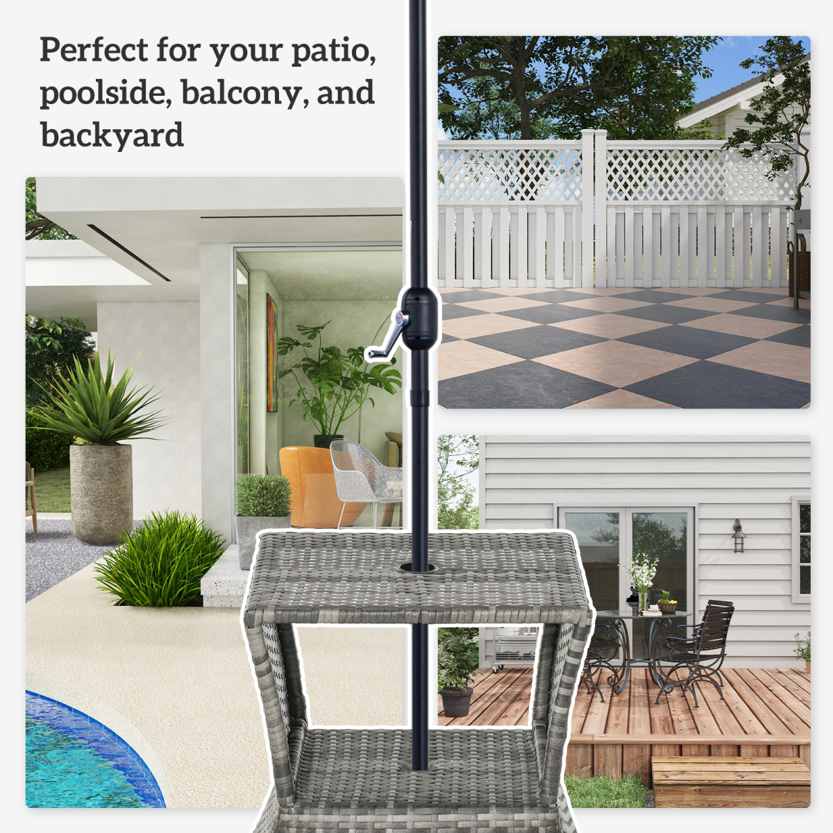 Outsunny Grey Rattan Coffee Table with Umbrella Hole & Storage Shelf