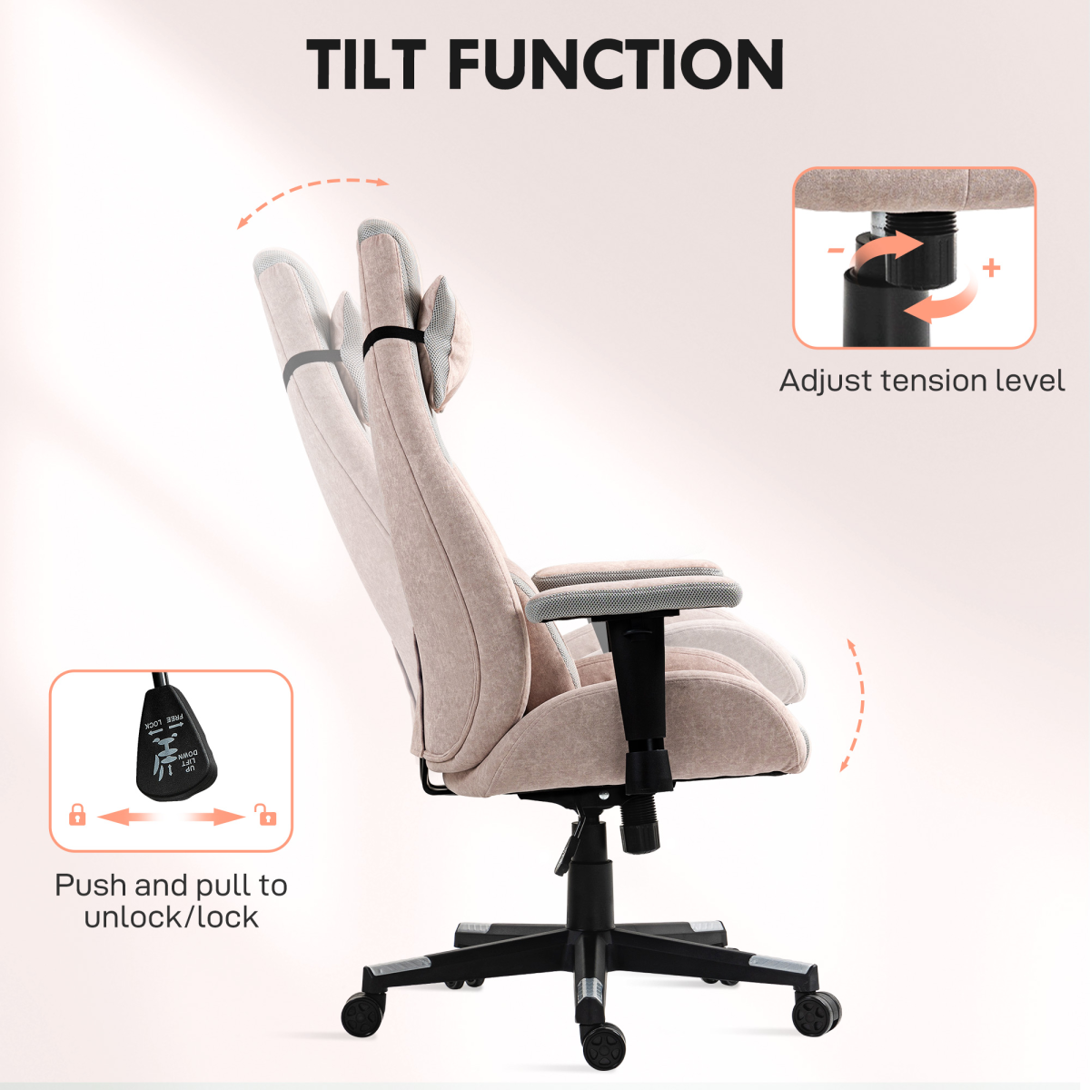 HOMCOM Pale Pink Gaming Chair with Lumbar Support and Swivel Wheels