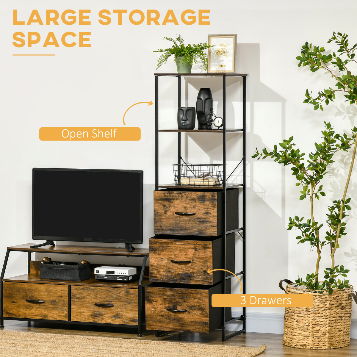 Industrial Storage Cabinet with 2 Shelves and 3 Fabric Drawers Rustic Brown