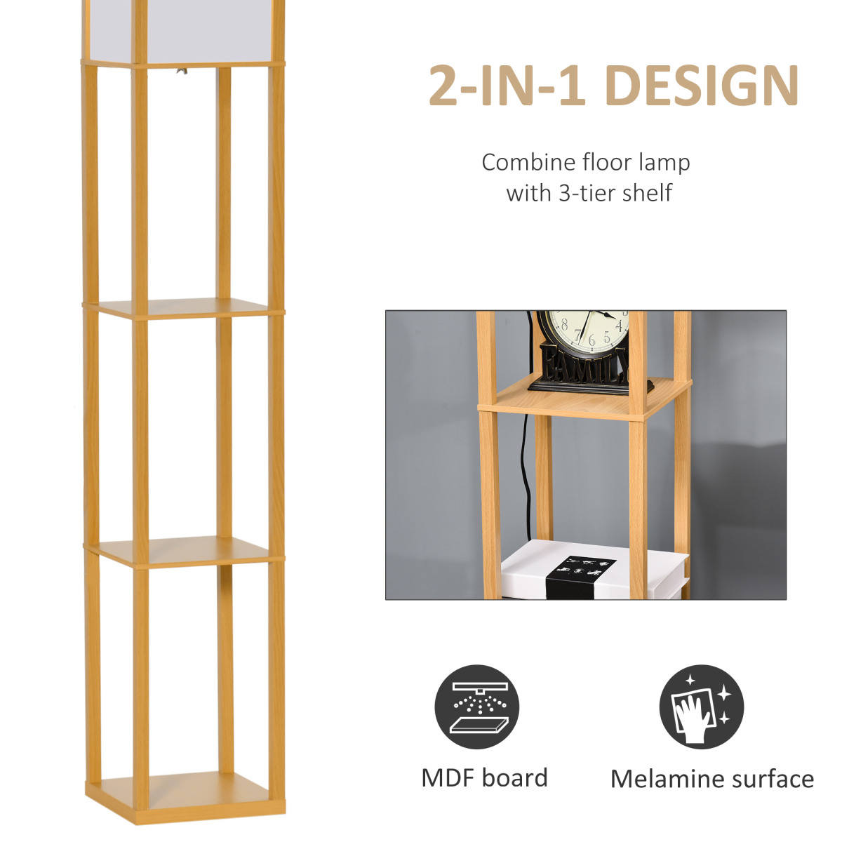 HOMCOM Floor Lamp with 3 Storage Shelves and Foot Switch, Natural