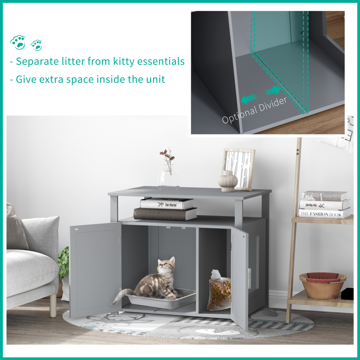 Grey MDF Cat Litter Box Enclosure Furniture with Shelves