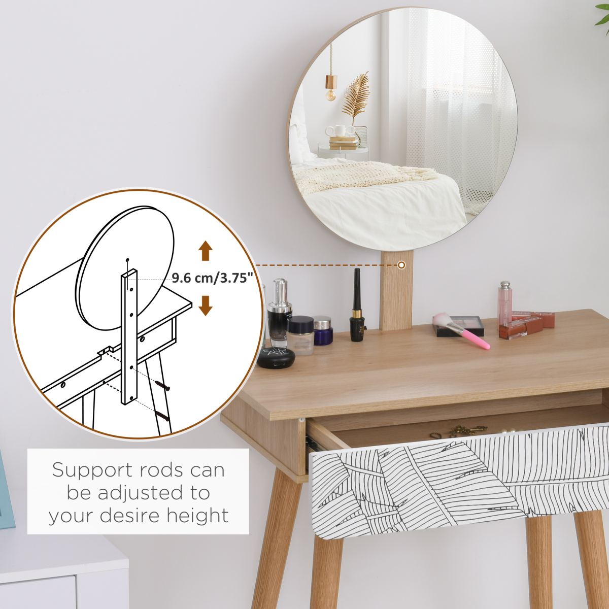 HOMCOM Solid Wood Nordic Dressing Table with Adjustable Round Mirror and Pull-Out Drawer