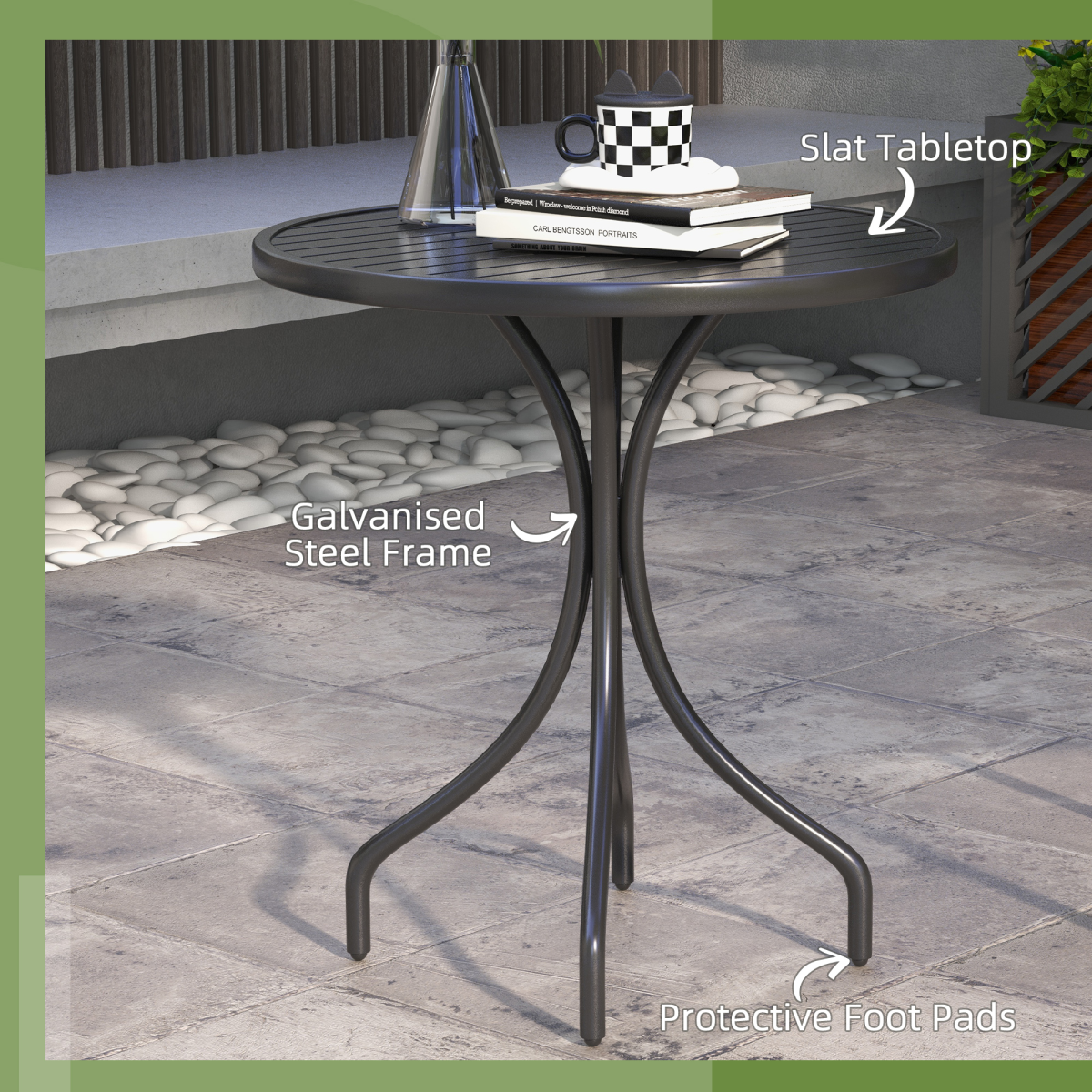 Outsunny Round Black Garden Side Table with Slatted Top, Galvanised Steel Frame, 66cm Dia.