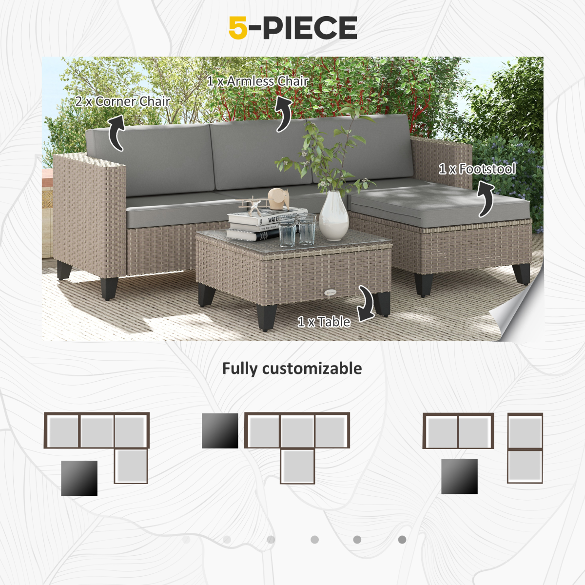 Outsunny 5 Piece Rattan Garden Furniture Set with Glass Top Coffee Table and Cushions, Brown