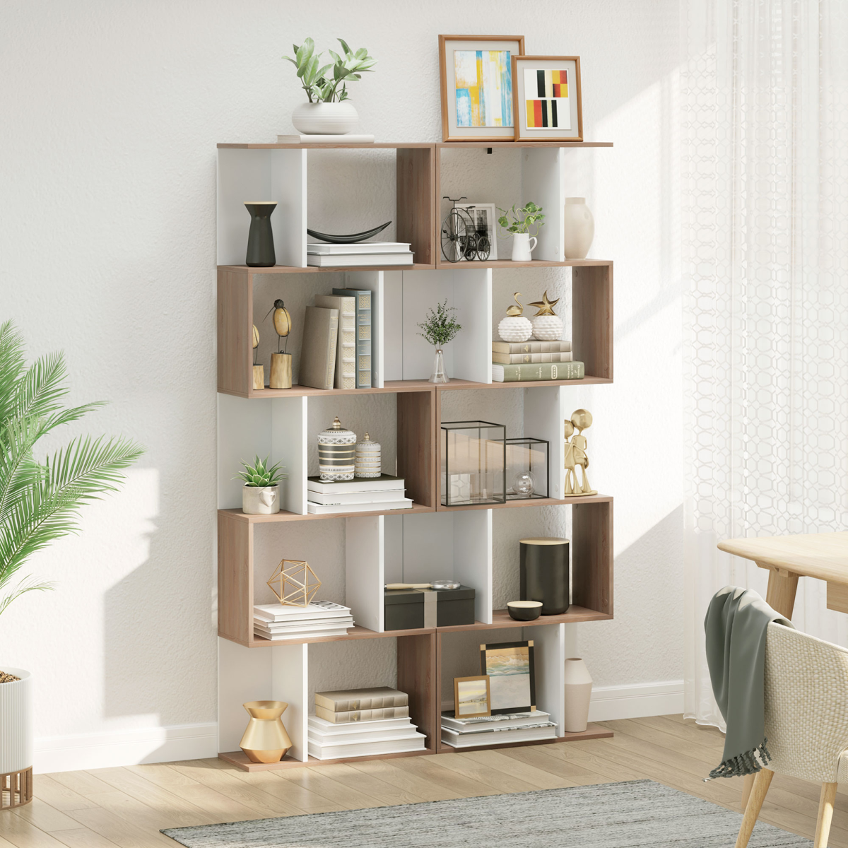 HOMCOM 5-Tier S-Shape Bookcase Display Shelving Unit, Natural