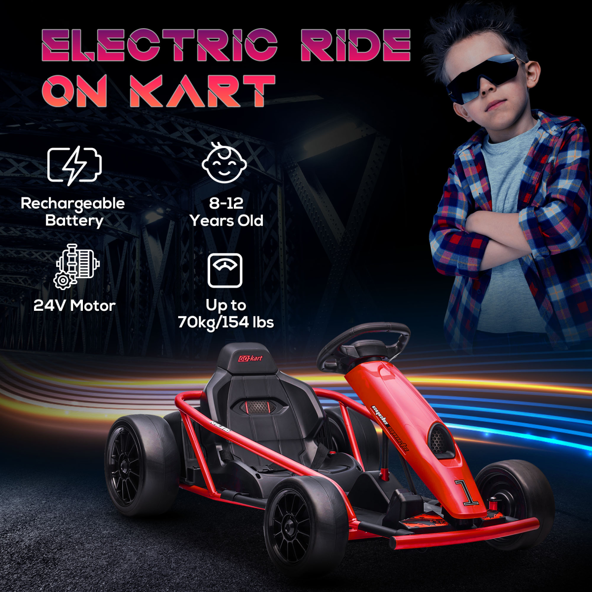 HOMCOM 24V Electric Go Kart for Kids with Music, Horn, Soft Start