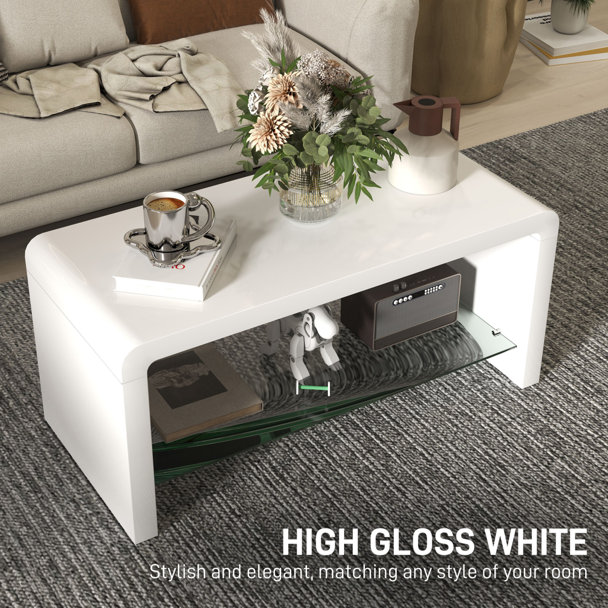 HOMCOM High Gloss White Curved Coffee Table with Glass Shelf