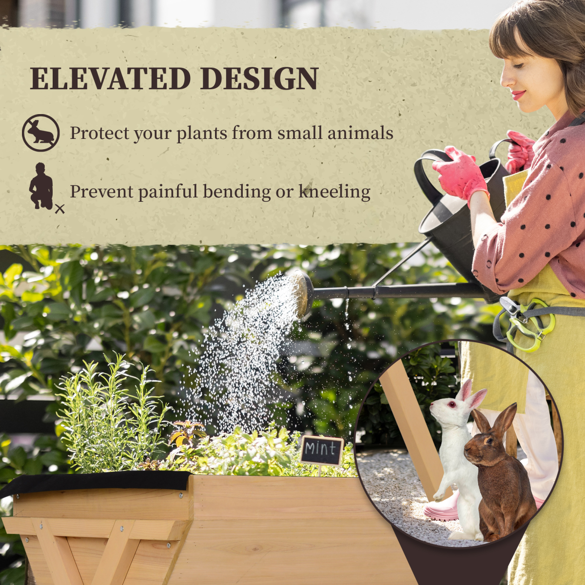 Outsunny Large Fir Wood Raised Planter Trough with Liner Bag, Drainage Hole, Natural Finish