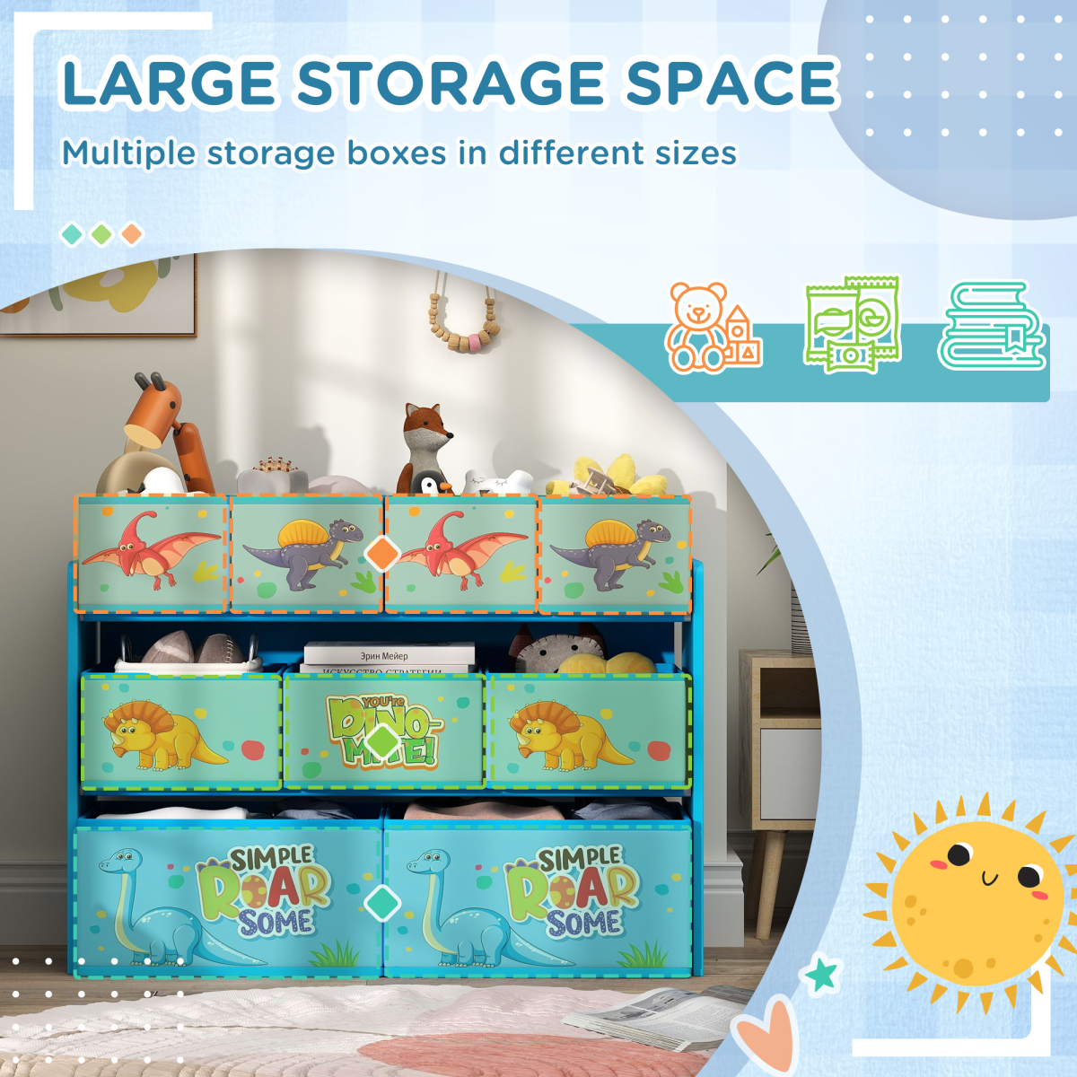 AIYAPLAY 3-Tier Dinosaur Toy Organiser Shelf with 9 Storage Boxes, Blue