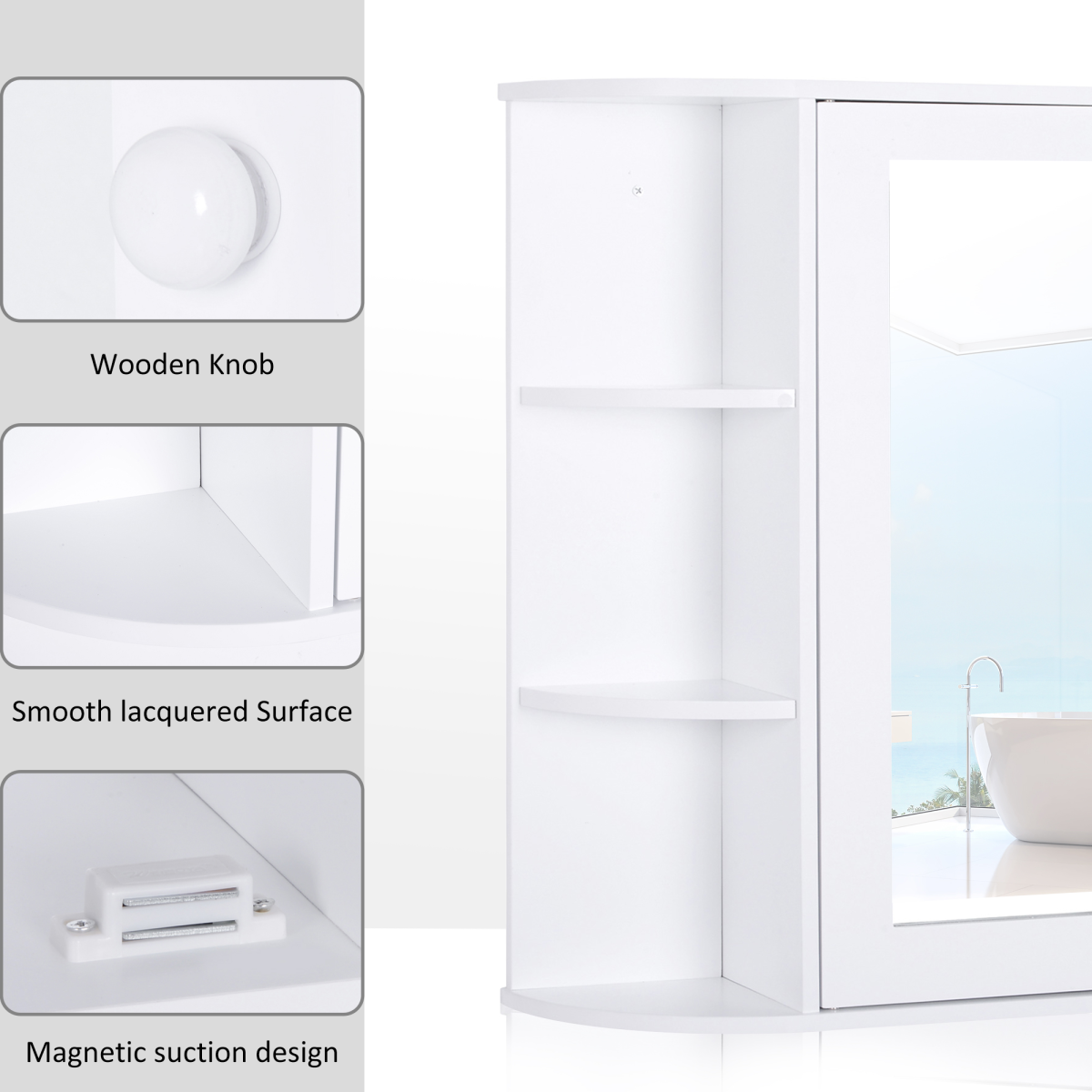 Wall Mounted Bathroom Cabinet with Mirror, Single Door Storage Cabinet with Open Shelves, White Bathroom Wall Cabinet