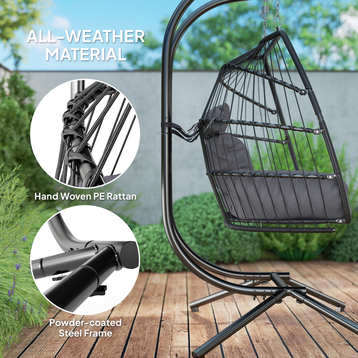 Outsunny Double Rattan Hanging Egg Chair with Stand, Cushion, Dark Grey