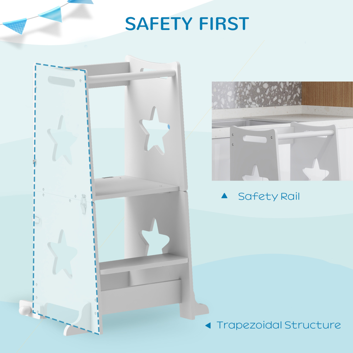 AIYAPLAY 2-in-1 Toddler Step Stool with Safety Rail, White