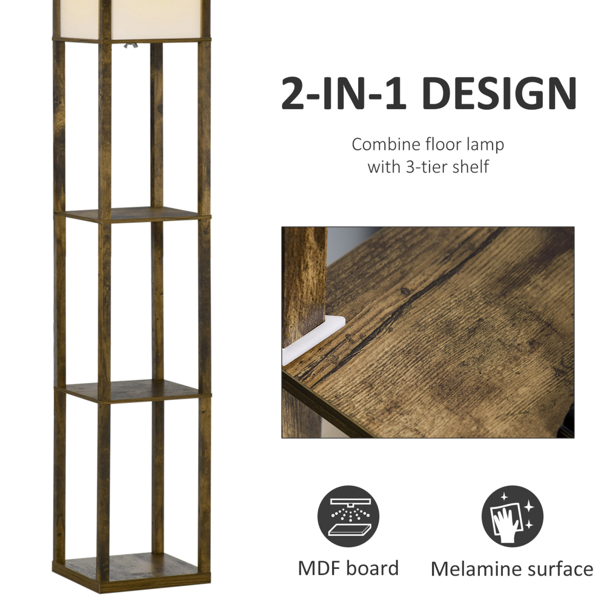 HOMCOM Floor Lamp with 3 Storage Shelves, Brown, E27 Bulb Base, Foot Switch