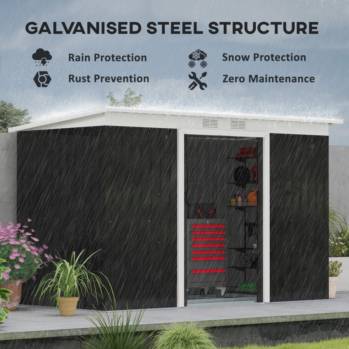 Outsunny Galvanised Metal Garden Storage Shed with Double Sliding Doors