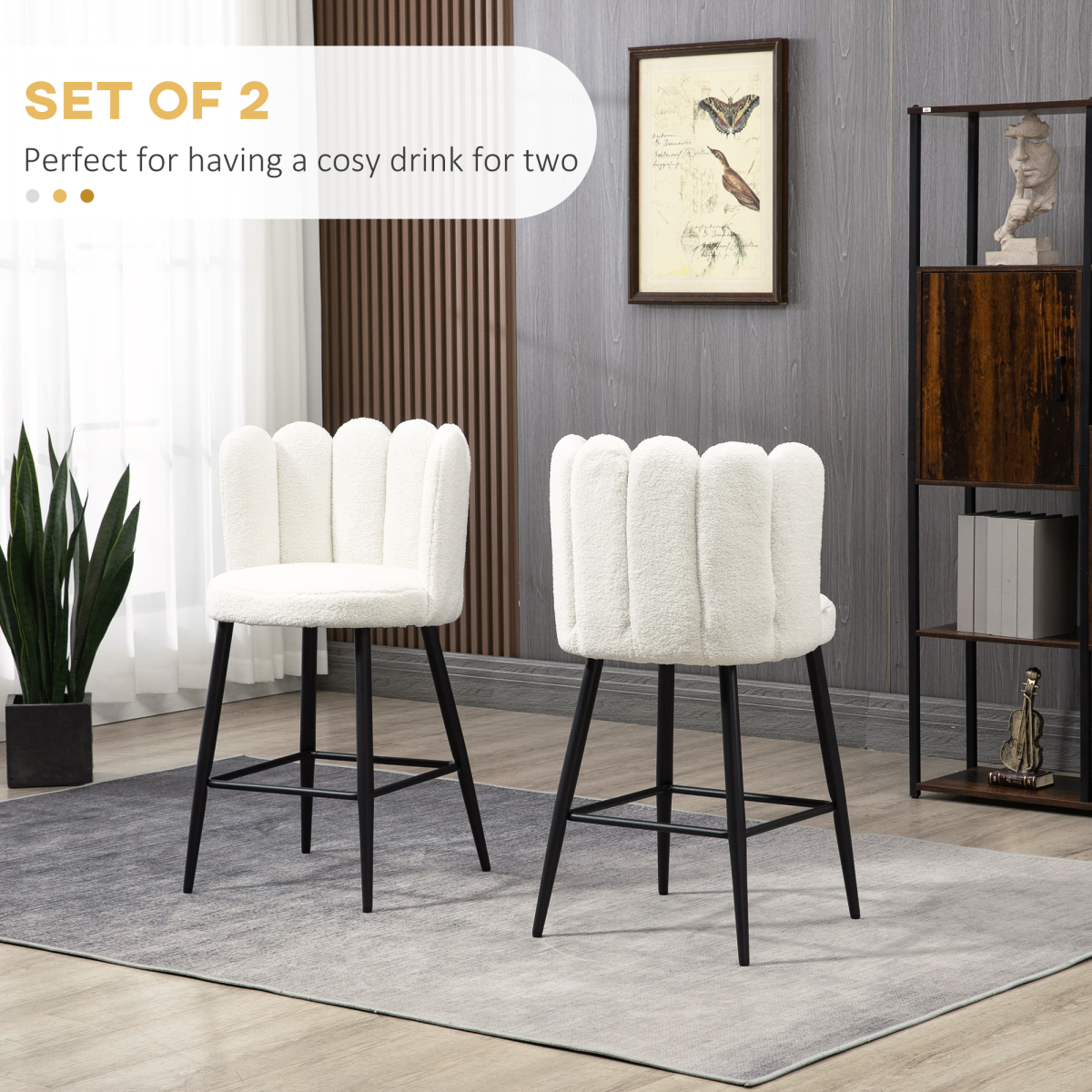 HOMCOM Set of 2 Cream Bar Stools with Backs and Footrest