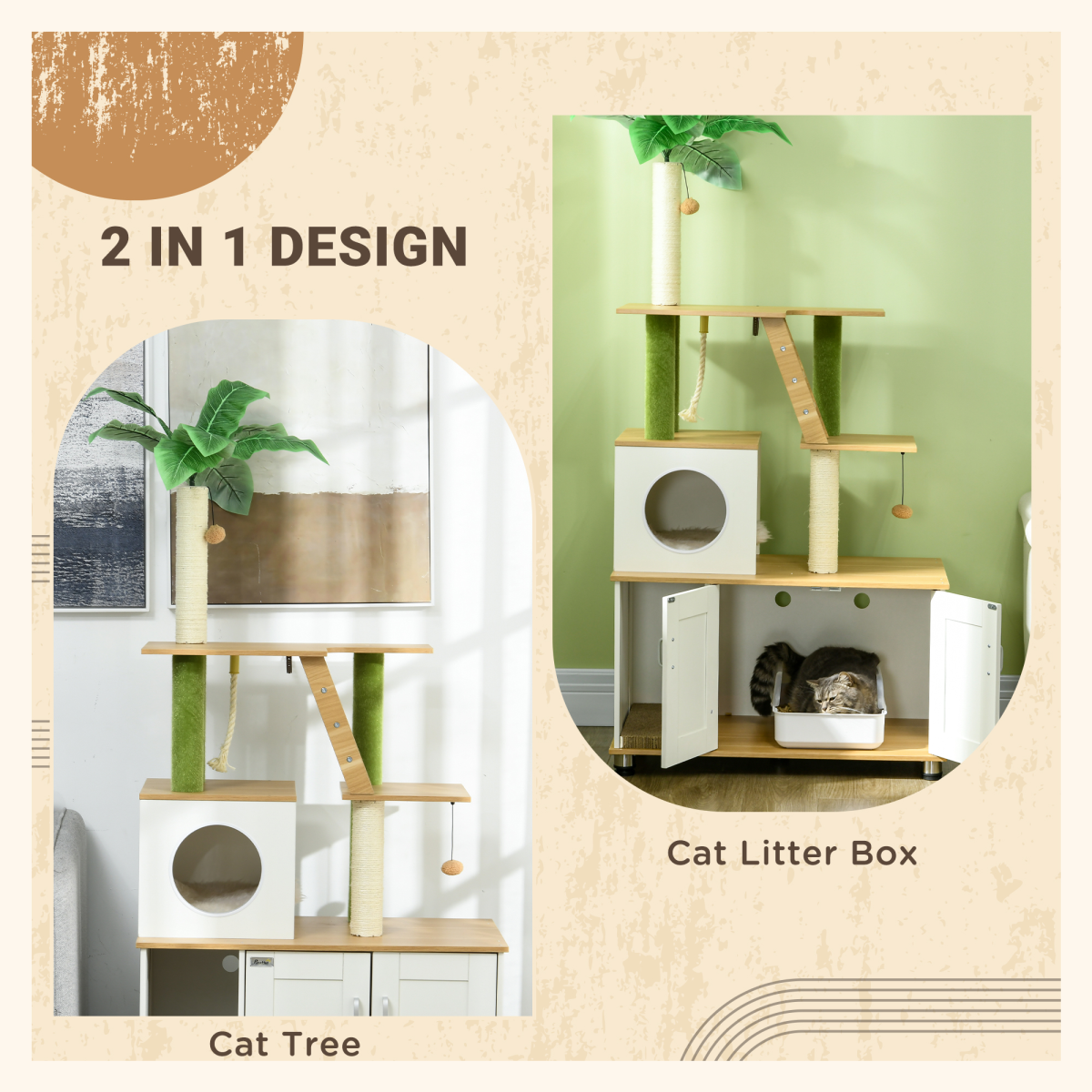 PawHut 2-in-1 Hidden Litter Box Cat Tree, Indoor, Oak