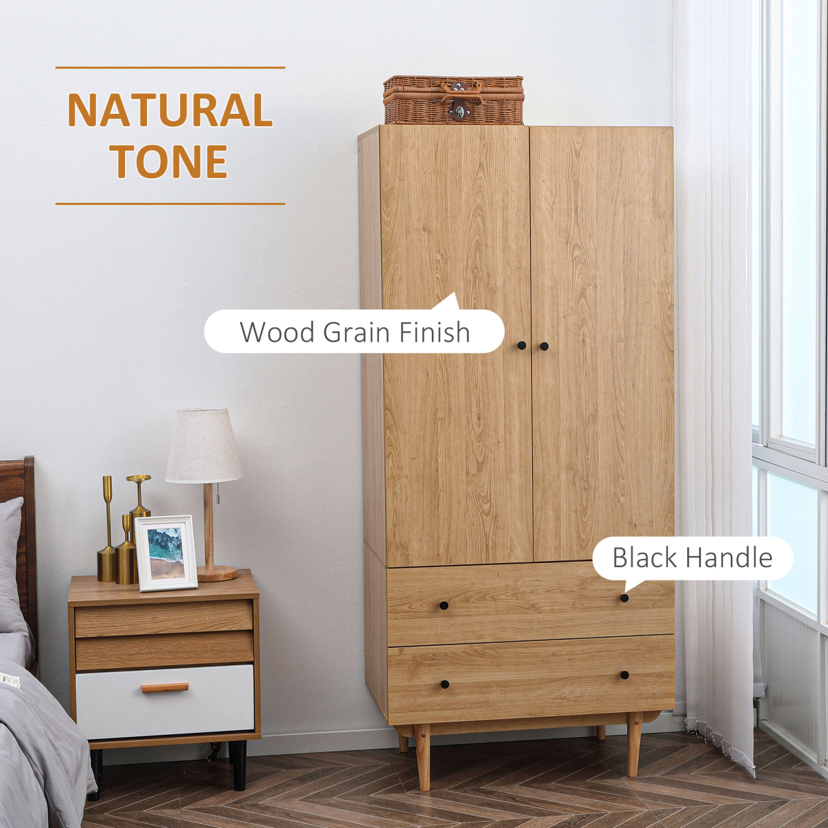 HOMCOM 2-Door Wardrobe with 2 Drawers, Hanging Rail, Bedroom Storage