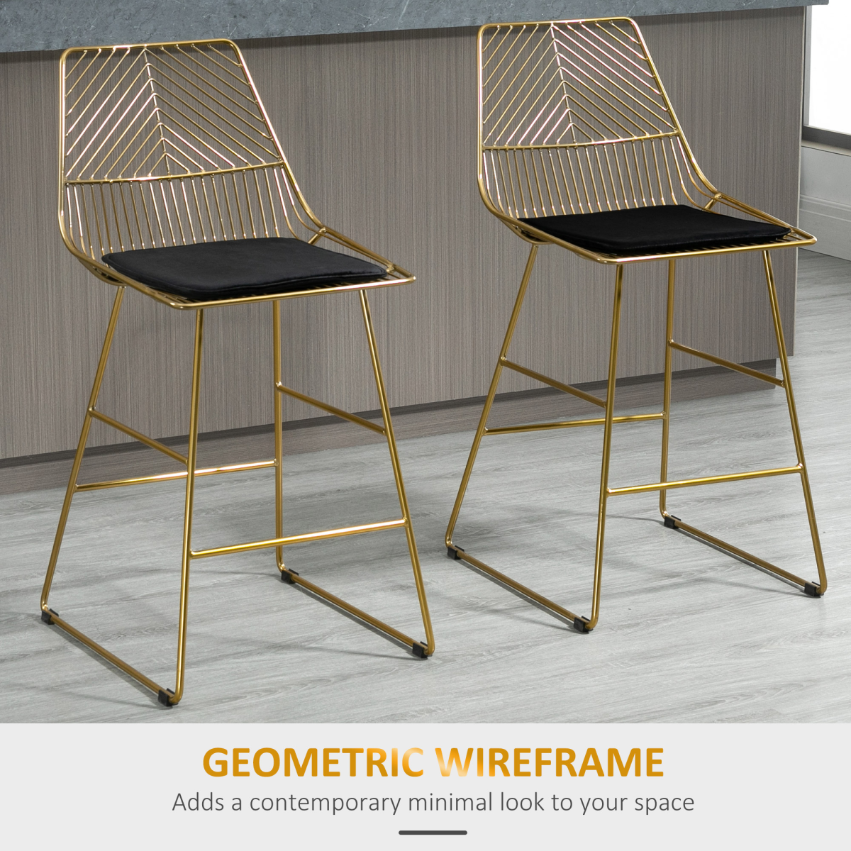 HOMCOM Set of 2 Counter Height Metal Bar Stools with Cushions
