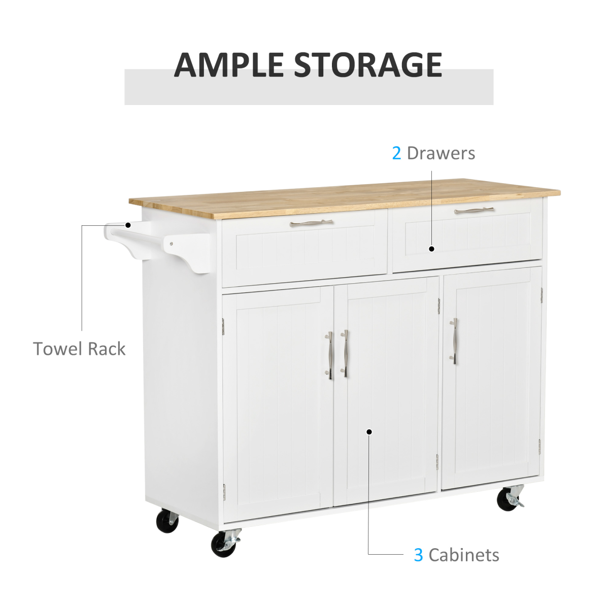 HOMCOM White Kitchen Island Cart with Wooden Top, Drawers & Cabinets