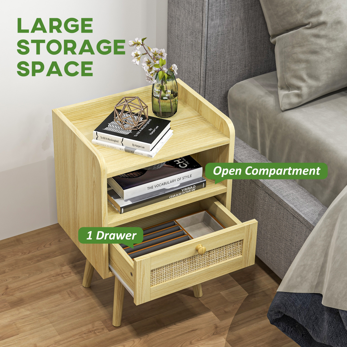 HOMCOM Set of 2 Boho Bedside Tables with Drawer and Shelf